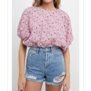 Free The Roses Women's Voluminous Crop Top L Puff‎ Sleeve Floral Pink